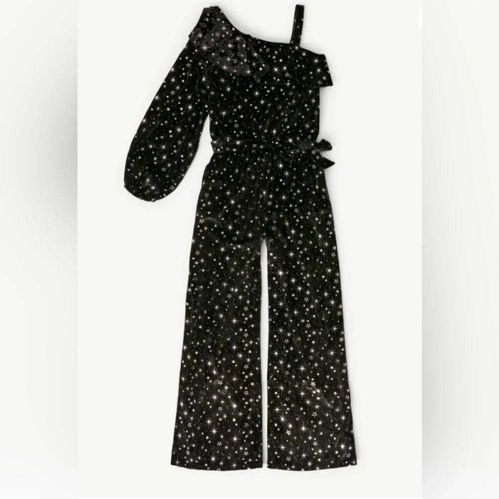 Justice Girls Black Silver Star Print One Shoulder Jumpsuit Size 7/8 NWT